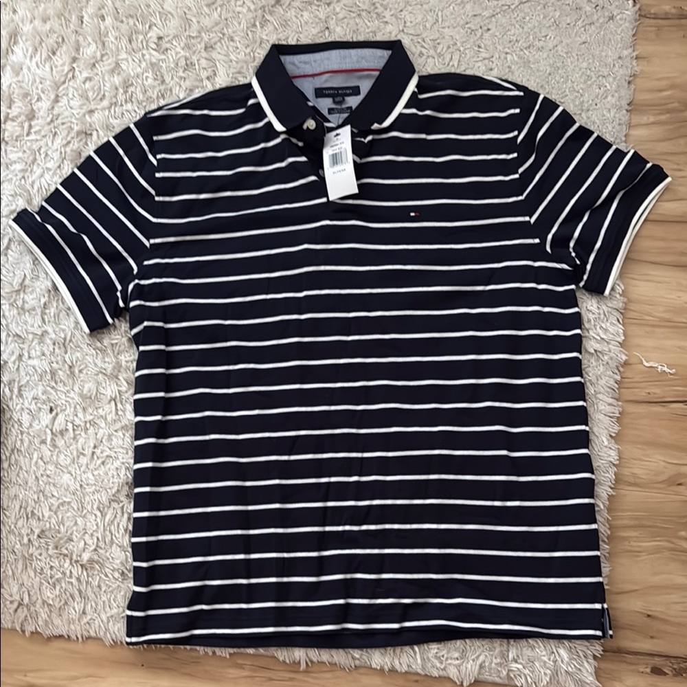 Tommy Hilfiger Blue and White Striped Polo Shirt